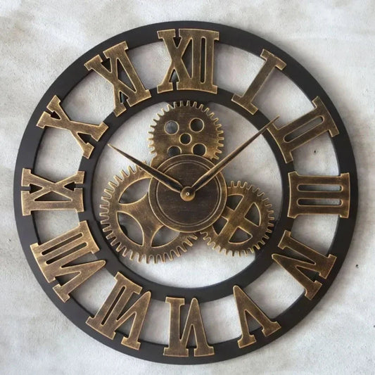 Vintage Style Industrial Wall Clock with Roman Numerals Visible 3D Gears 11"-17" Gold or Silver