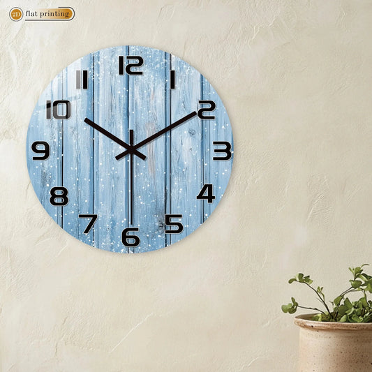 Rustic Blue Wooden Plank Wall Clock with Snowflakes, Winter Theme Home Office Decor, Silent Quartz Movement Decorative Design