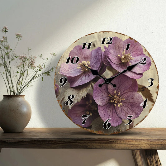 Purple Flower Blossom Floral Art Design Rustic Charm Decorative Clock 10"-16"