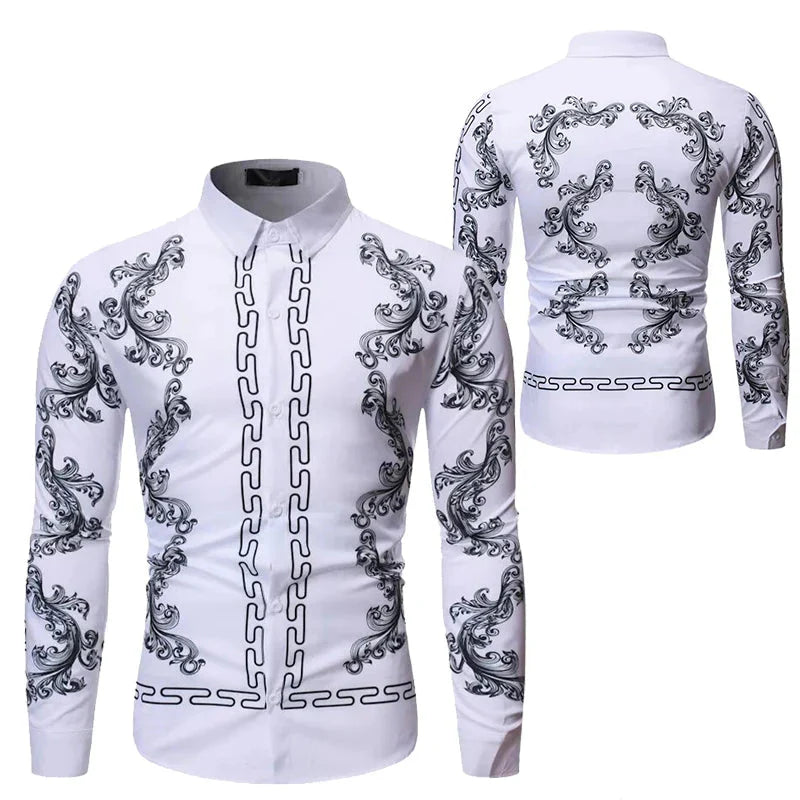 Baroque Floral Royal Shirts Men Luxury Print Designer Tops Paisley Pattern Flowers Fashion Western Long Sleeve Shirt Camisas