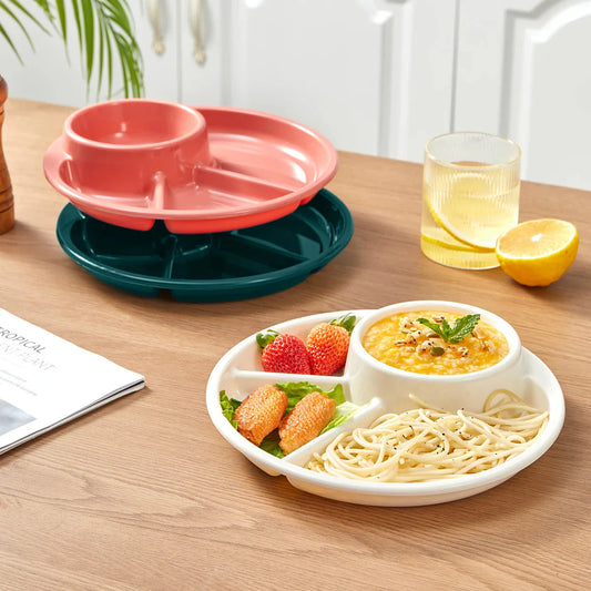 Reusable Round Plastic Divided Dinner Plate With Fork Spoon Salad Plate Dishes Student Kid Food Plate Dishwasher&Microwave Safe