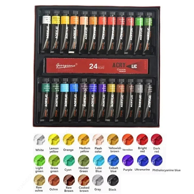 Acrylic Paint Set 12/24/30 Colours 12ml, Perfect for Canvas, Wood, Fabric, Leather, Cardboard, Paper, MDF And Crafts
