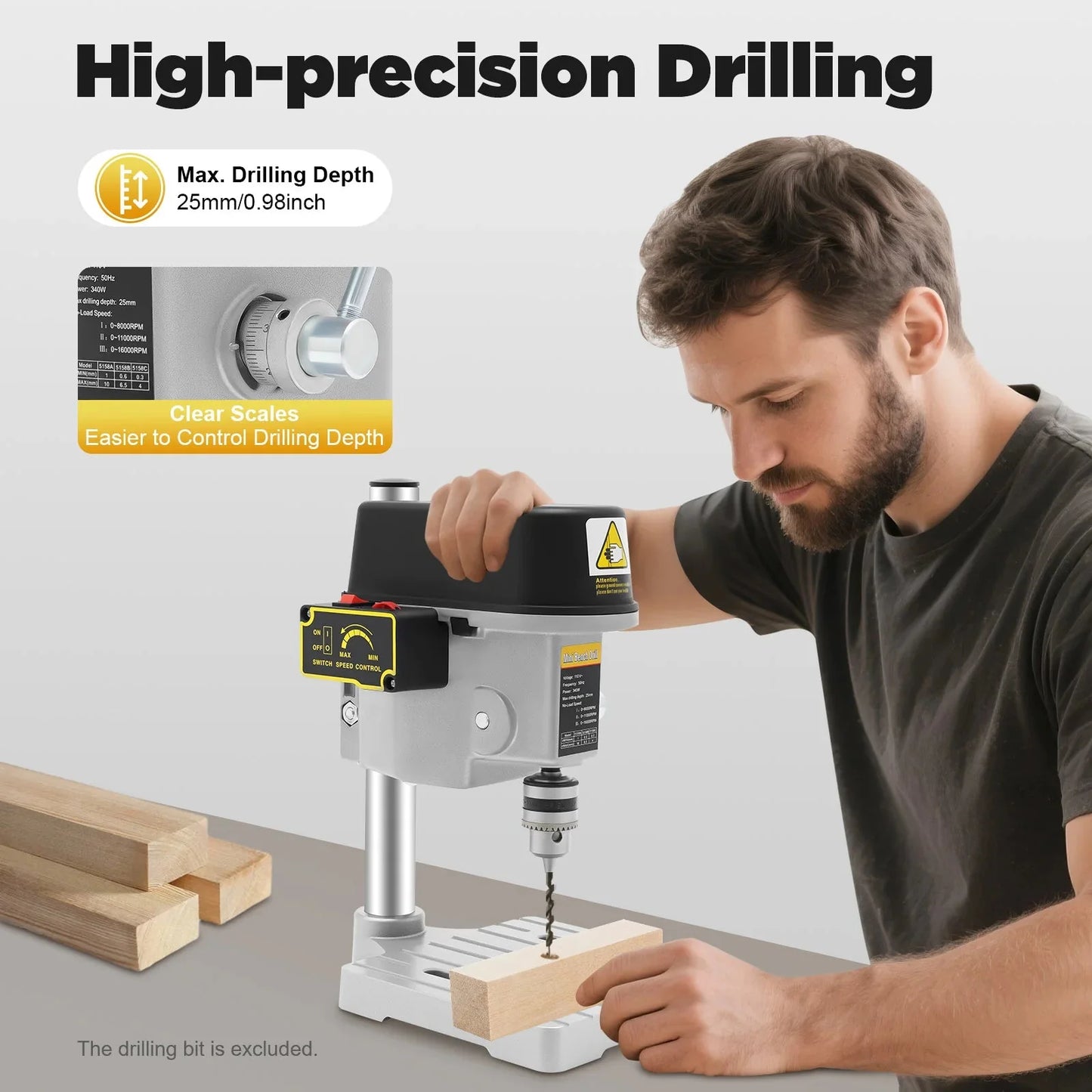 340W Portable Benchtop Drill Press, High-precision 3 Speed Adjustable Mini Portable Electric Bench Drill Stand for Iron Wood