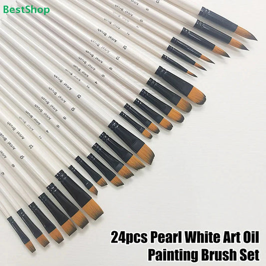 ♥24 Pcs Pearl White Art Paintbrush Set – Nylon Brushes for Oil, Acrylic & Watercolor Painting
