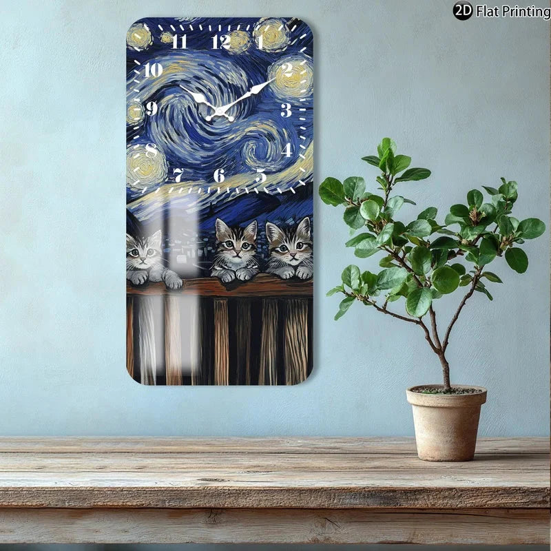 Vintage 2D-Flat Cats with Van Goghs Starry Night backdrop Wooden Silent Quartz Rectangle Wall Clock for Home Idea Holiday Gifts