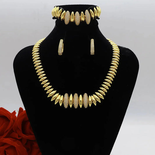 Dubai Vintage Jewelry Sets For Women Luxury Design Shiny Zircon Gold Plated Necklace Earring Bangle Wedding Party Accessories