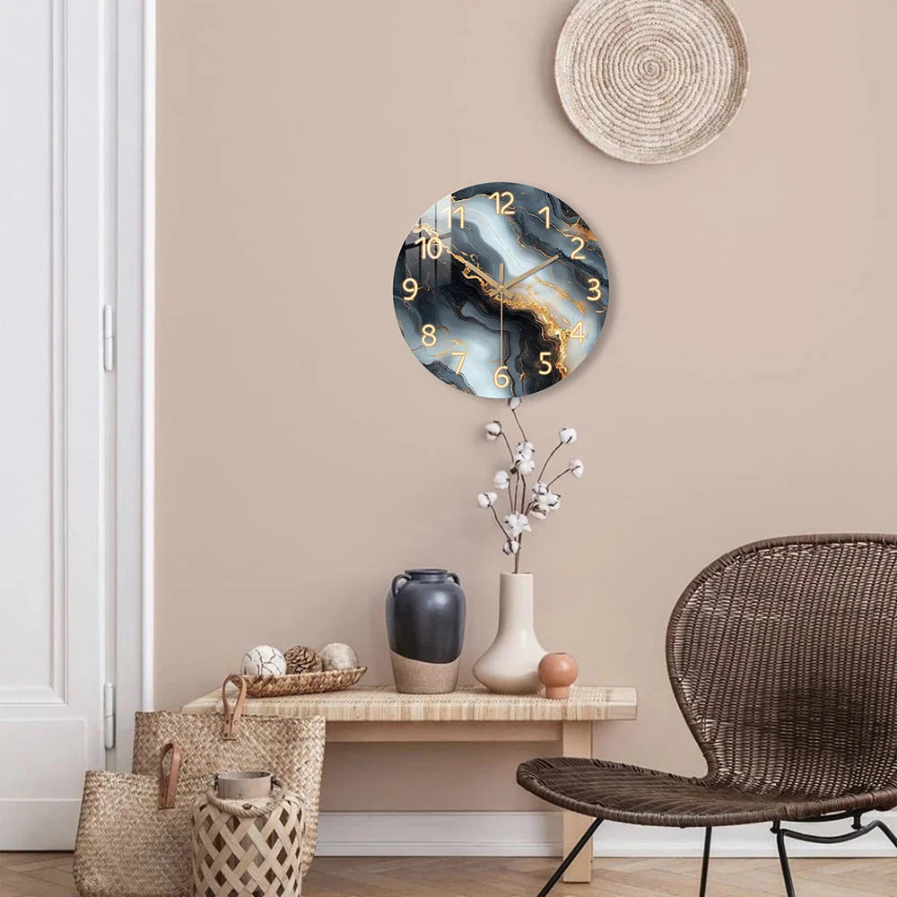 1 piece wooden wall clock, fantasy theme - blue and gold marble - like texture pattern tempered film veneer silent clock, suitab