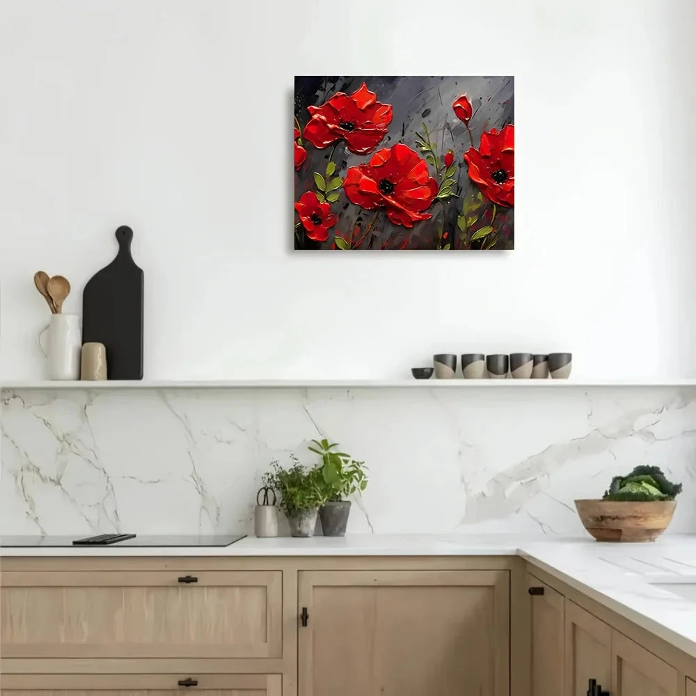 Contemporary Red Poppies Canvas Painting, Framed 11.8x15.7in, Meadow Wall Art, Ready to Hang Home Decor - Anniversary Gift