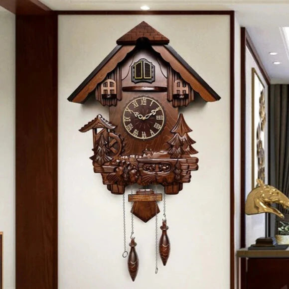Antique Classic Solid Wood Hand-carved Cuckoo Wall Clock, Children's Music, Hour Announcement Swinging Creative Clock