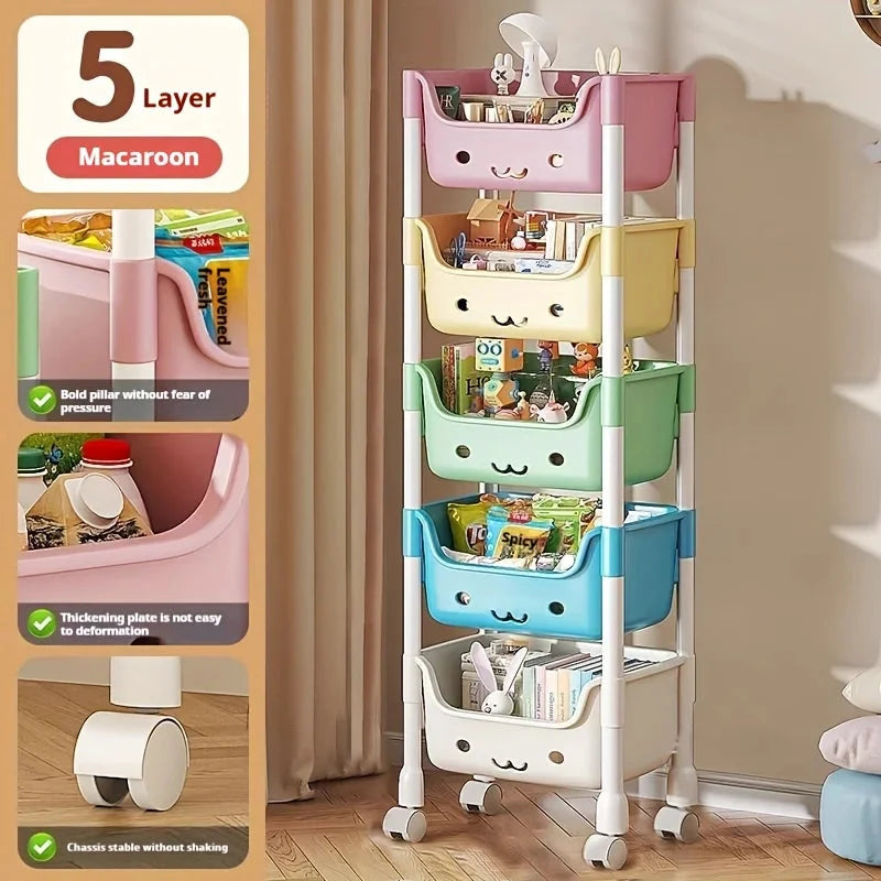 Multi-Tier Rolling Storage Cart, Slim Rolling Cart with Storage Bins and Hooks - Space-Saving Organizer, 360° Rotating Storage C