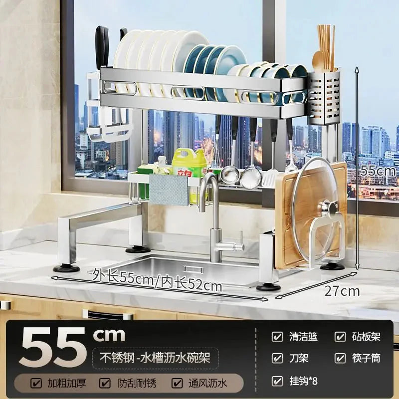 Stainless Steel Sink Shelf Bowl Drain Rack Kitchen Storage Rack Multifunctional Dish Cutlery Knife Spoon Sink Rack Set Organizer