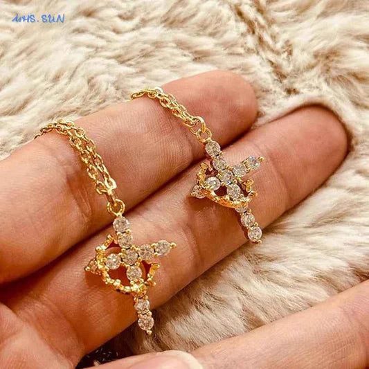 SUNSLL Cubic Zircon Rotatable Crown Cross Pendant Necklaces Classic Stainless Steel Chain Banquet Party Jewelry For Women Men