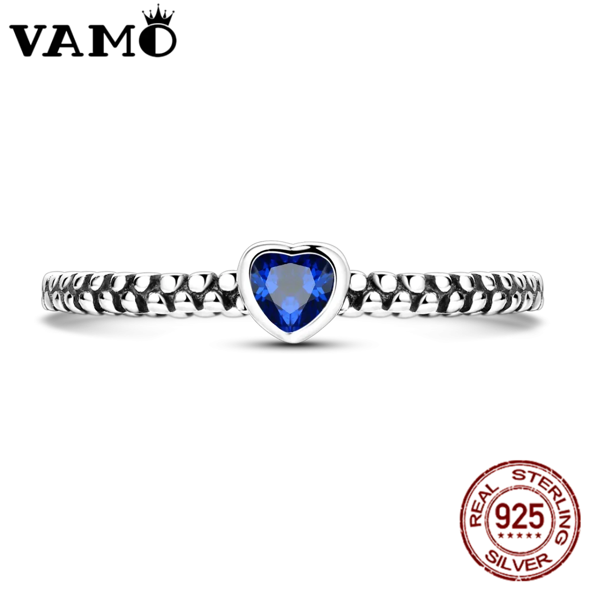VAMO Original 925 Sterling Silver Woman Ring Vintage Dew Pearl Blue Heart Rings Sparkling Wedding Ring Girls Jewelry Anniversary