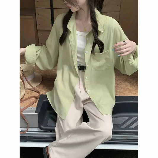 Sunscreen Shirt for Women in Summer New Polo Collar French Unique Loose Solid Color Long-sleeved Top Trendy