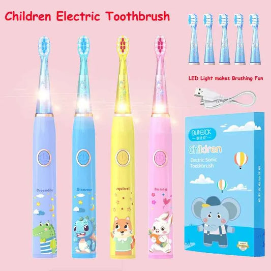 Kids Sonic Electric Toothbrush Child Cartoon with Colorful LED Light IPX7 Waterproof 2 mins Smart Timer Rechargeable Toothbrush