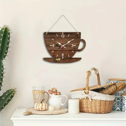 Coffee Cup Shaped Wooden Silent Hanging Wall Clock,Wood Grain Design Suitable For Living Room,Study Room,Bedroom,Home Decoration