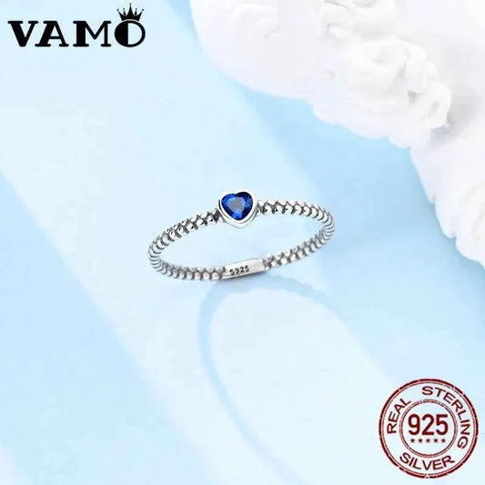 VAMO Original 925 Sterling Silver Woman Ring Vintage Dew Pearl Blue Heart Rings Sparkling Wedding Ring Girls Jewelry Anniversary