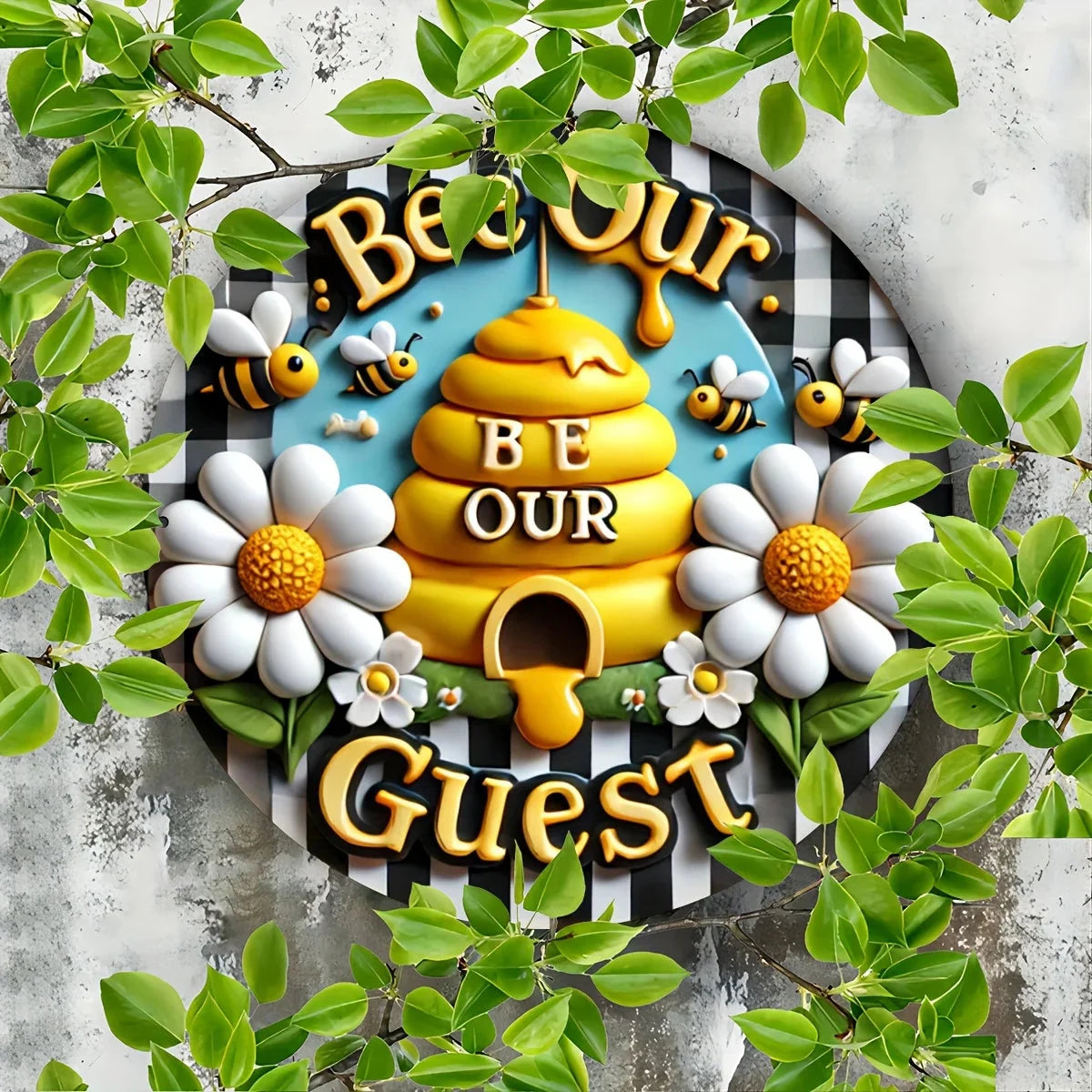 1pc 8x8 Inch Round Aluminum Metal Sign, Bee Wreath Wall Art, Summer Home Decor, Outdoor Indoor Door Decoration
