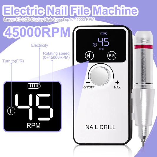 45000RPM Professional Nail Drill Machine Rechargeable Low Noise Electric Nail Drill Sander File for Manicure Gel Polish Tool
