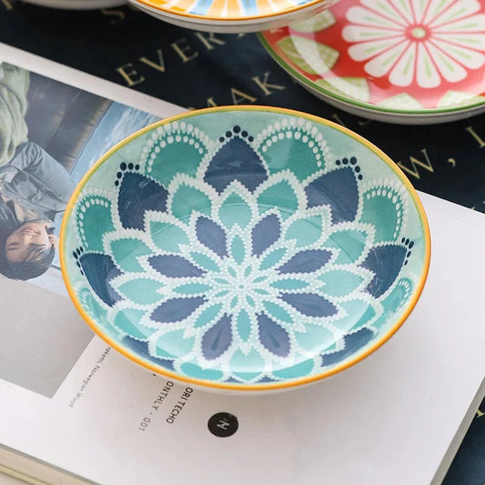 4pc Bohemian Ceramic Plate - Side Dish, Appetizer, Sauce, Bread, Pastry & Breakfast Plates, Safe for Dishwasher& Microwave