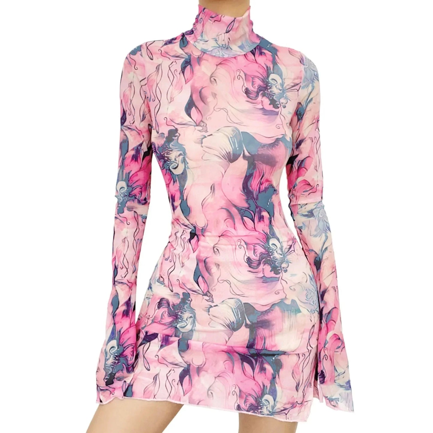 Top Selling Mesh Printed Round Neck Womens Dresses For Teens Plus Size Bell Sleeve Side Open Hip Dress Vestidos Para Mujer
