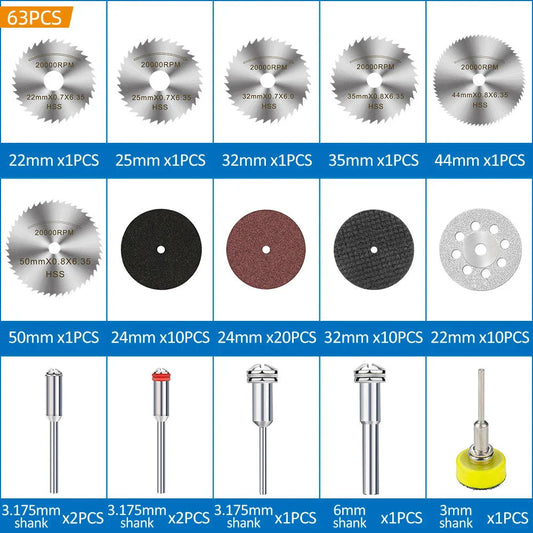 XCAN 63pcs Cutting Wheel Set Mini HSS Saw Blade,Diamond Saw Blade,Metal Cut off Disc Drill 1/8" Mandrel for Dremel Rotary Tool