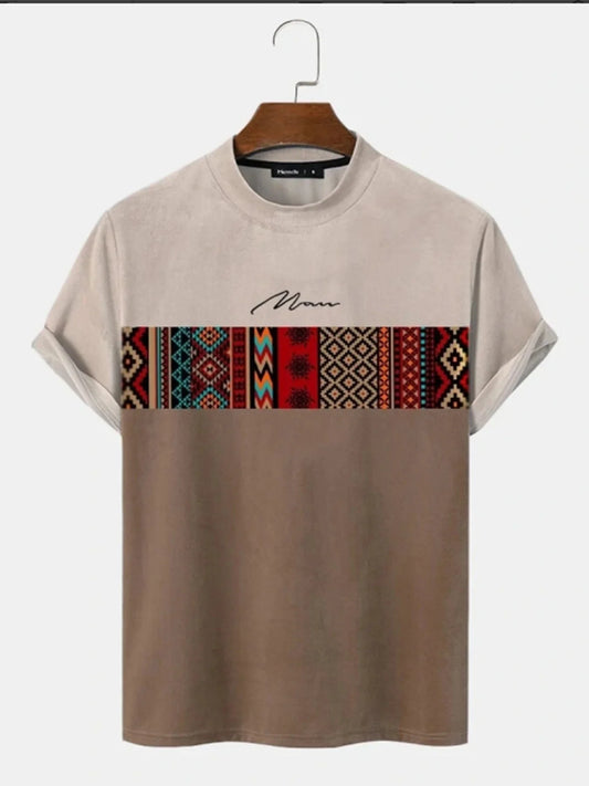 Men's C'EST LA VIE Paris Color Block T-Shirt Beige Gray Brown Casual Short Sleeve Fashion Top