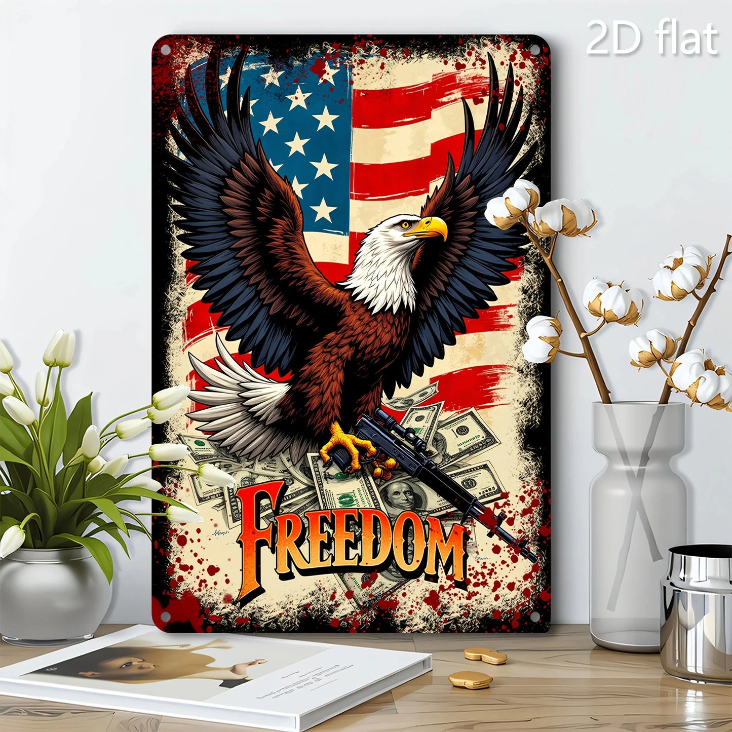 Patriotic Eagle with Guns Metal Wall Art - 8x12 Inch American Flag Design, Durable Iron Sign for Home & Outdoor Decor