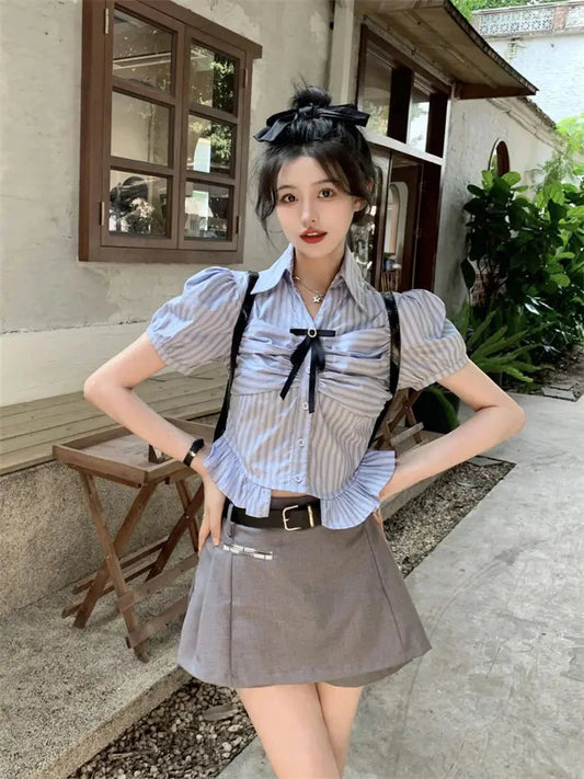 Bow-rinked Striped Shirt for Women Summer French Sweet and Spicy Puff Sleeve Shirt Short Short Sleeve Top