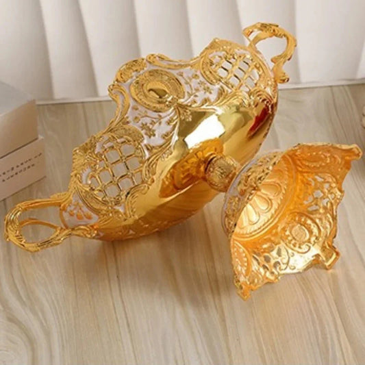 European Fruit Plate,Alloy Household Hollowed-Out Shape Tall Feet Plate,Portable Gold Snack Disc,Candy Plate Wedding Decoration