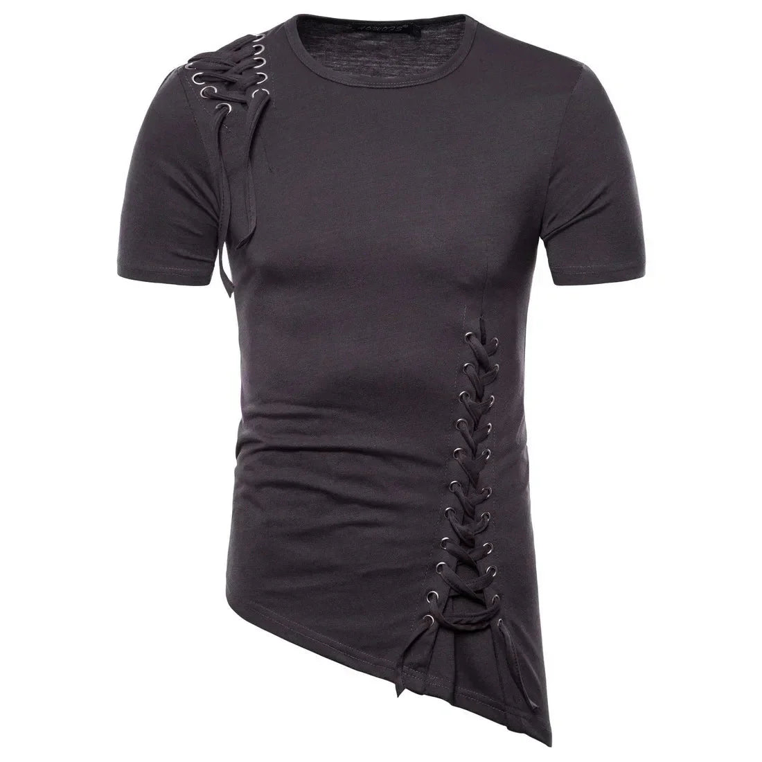 New2026 Men's Summer Short Sleeve T-shirts Trend Irregular Design Lace Up Solid Slim Tees Fashion Gothic Style Casual Shirts Men