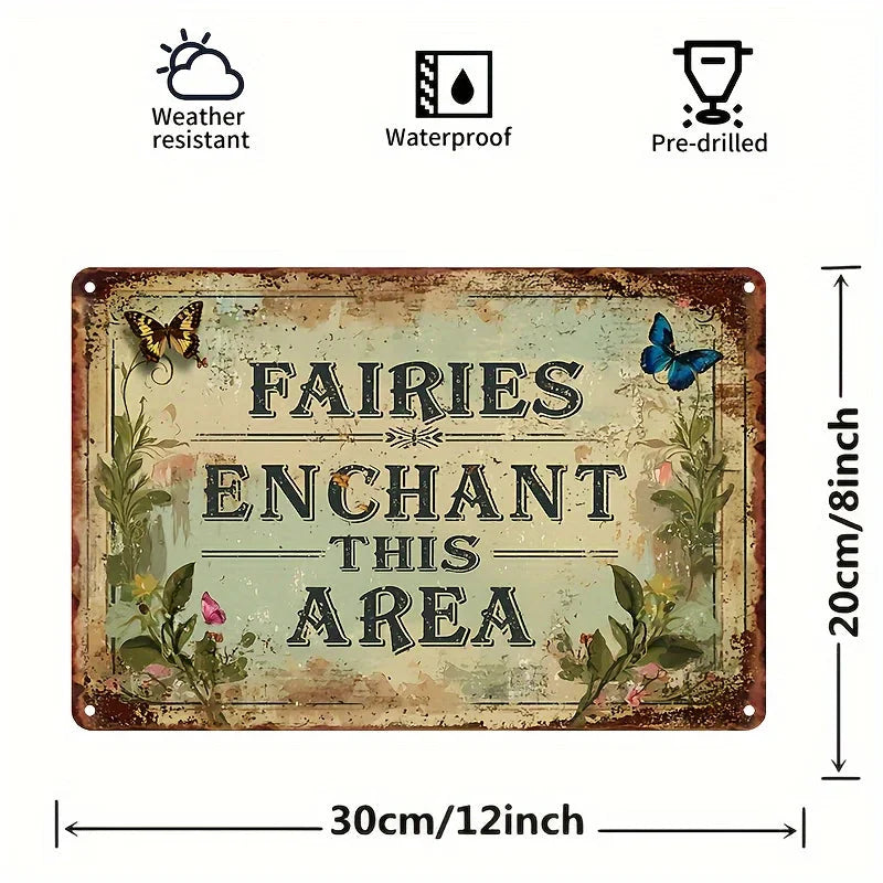 Enchanted Fairy Garden Metal Sign (8"x12") - Whimsical Wall Art with Butterflies & Flowers for Magical Home Decor