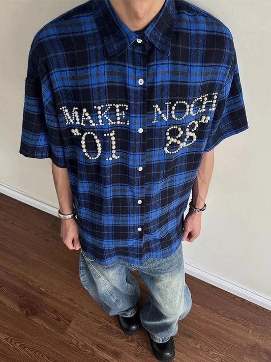 Trendy Pearls Stitching Shirts For Men 2025 Summer New Casual Plaid Shirt Mens Vintage Button-up Turn-down Collar Cardigan Tops