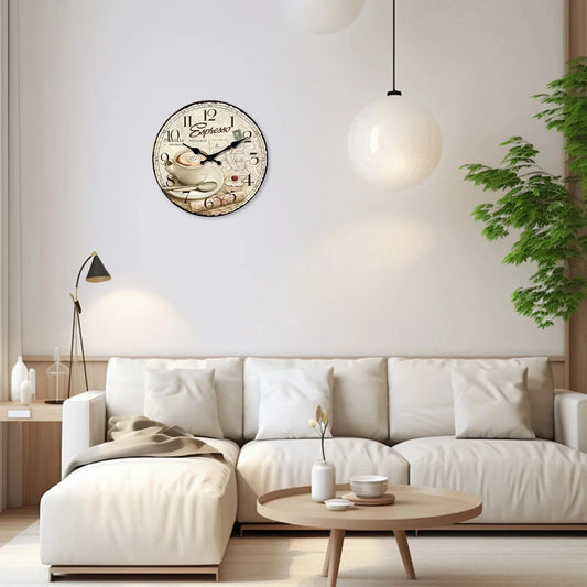 European Retro Coffee Cup Pattern Wooden Wall Clock for Living Room, Bedroom, Kitchen, Home Decoration, Silent Quartz Clock, Holiday Gift, 10 Inches, 12 Inches (No Battery)