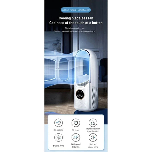 Portable USB Air Cooler Leafless Electric Fan 6 Speed Silent Timer Air Conditioner Cooling Fan Humidifier Conditioning Fan