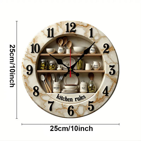 2D Flat Kitchen Rules Design Wooden Round Silent Hanging Wall Clock,For Living Room,Office,Study Room,Bedroom, Home Decoration