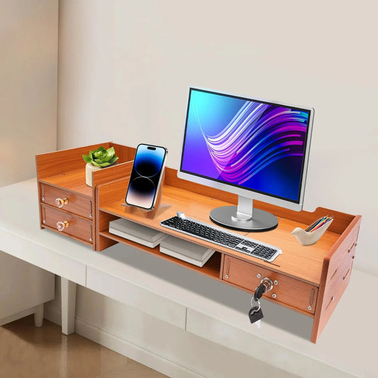 Wooden Desk Organizer W/ Drawer File Storage Desk Monitor Riser Computer Stand