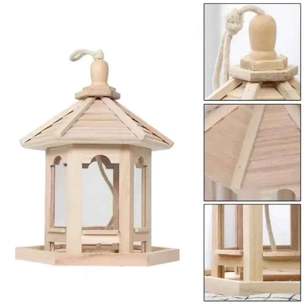 Creative House Shape Bird Feeder House Hanging Wooden Pet Feeder Box Bird Food Dispenser Outdoor