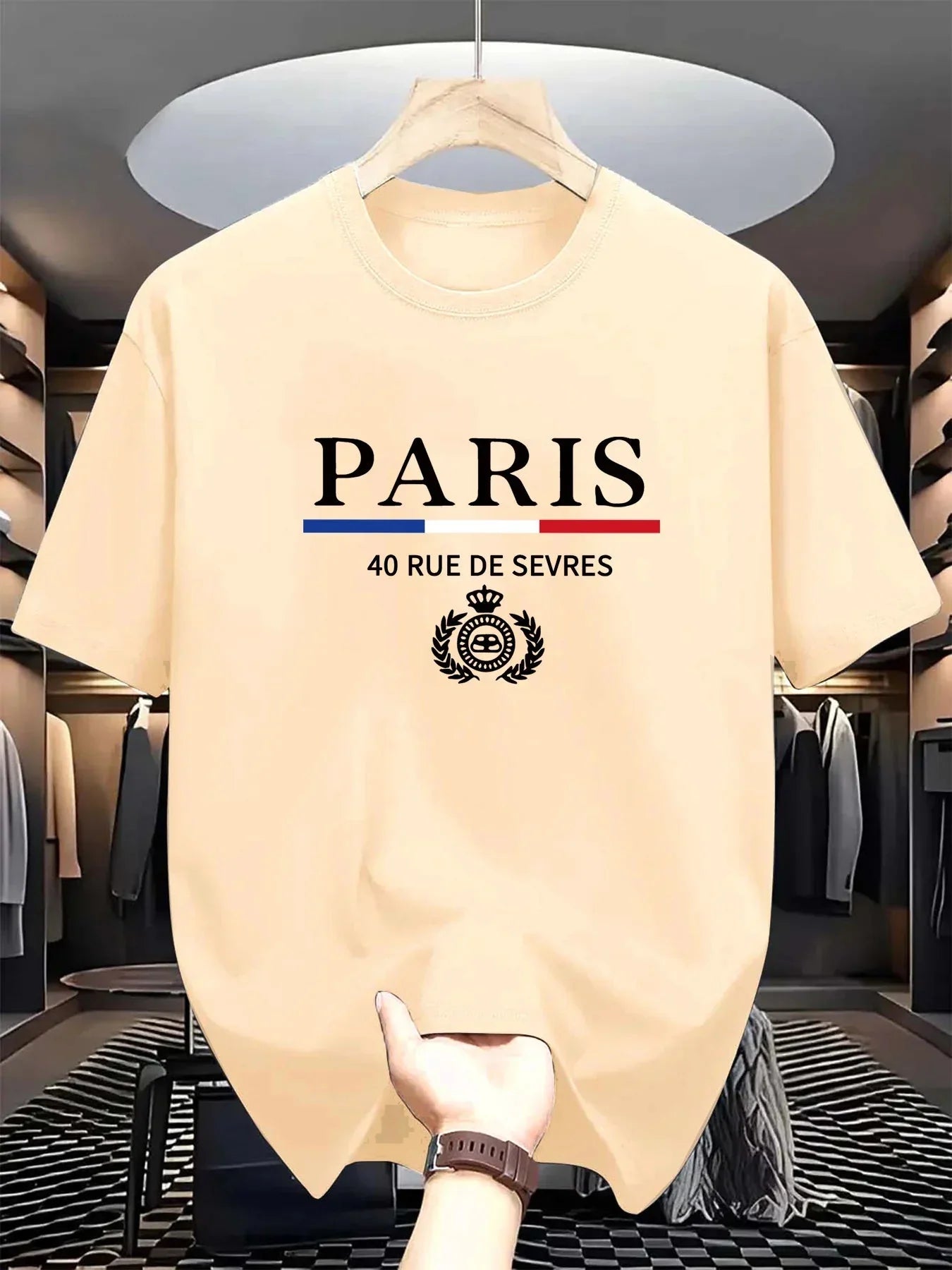 Men's summer 100% cotton fashionable casual loose classic Paris pattern printed sports round neck short sleeved T-shirt top
