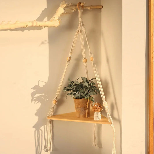 Corner Shelf Macrame Wall Hanging Wood Floating Shelves Rustic Boho Wall Shelf Decor Storage Rack for Plants Pots Photo Frames