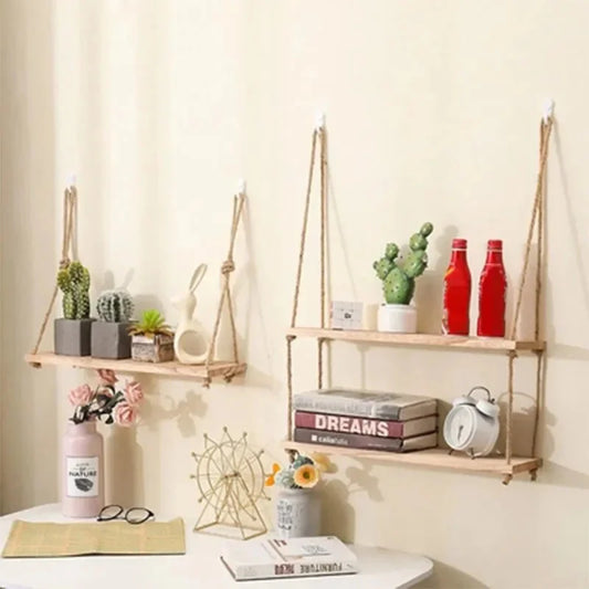 1PC 1/2/3-tier Wooden Floating Shelves for Wall Plant Flower Hanging Rope Storager Wall Shelf Kitchen Storage