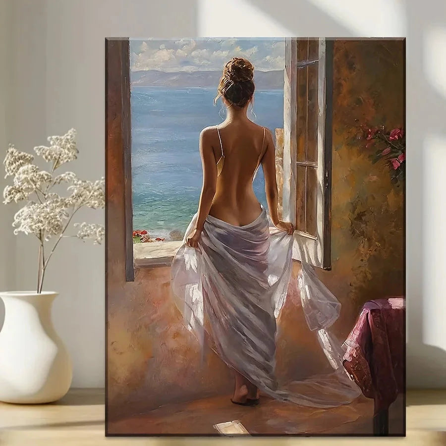 Elegant Mediterranean Canvas Wall Art - HD Seaside Painting with Wood Frame for Serene Home Decor, Ocean Theme Decoration