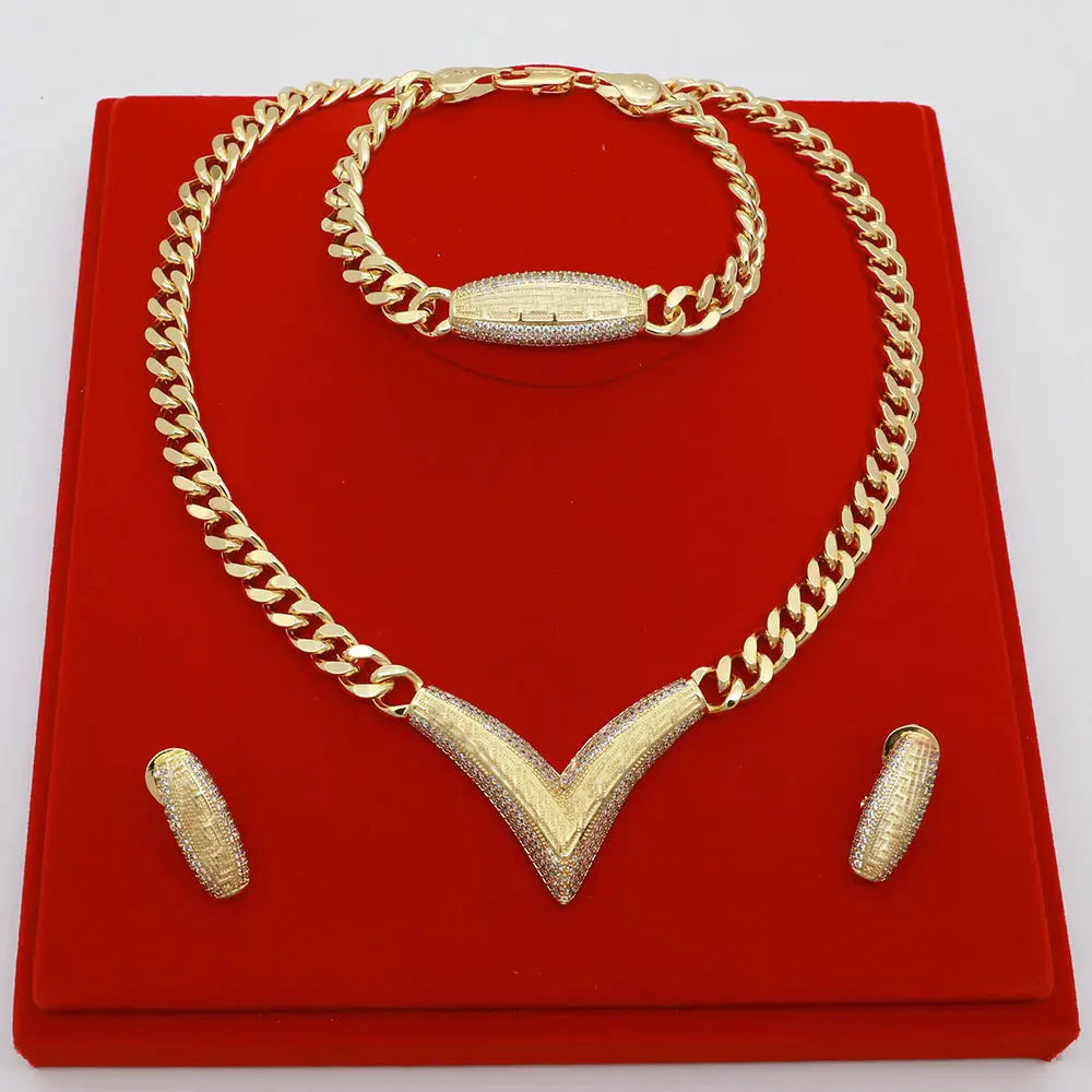 Dubai Vintage Jewelry Sets For Women Luxury Design Shiny Zircon Gold Plated Necklace Earring Bangle Wedding Party Accessories