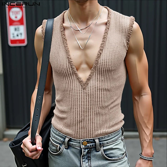 INCERUN Men Tank Tops Hollow Out Mesh See Through Sexy Tassel Male Vests Summer 2025 Solid Color Fashion Streetwear Men Clothing