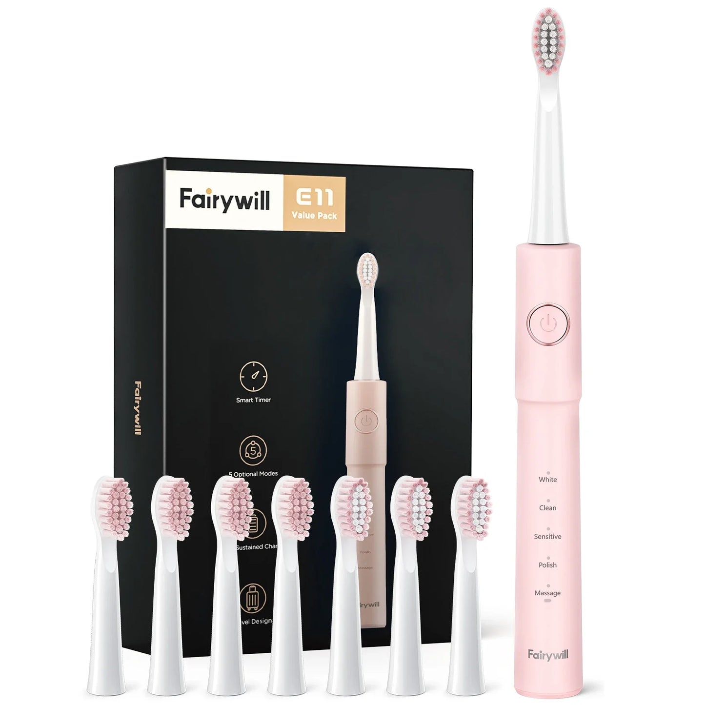 Fairywill Sonic Electric Toothbrush E11 Waterproof USB Charge Rechargeable Electric Toothbrush 8 Brush Replacement Heads Adult