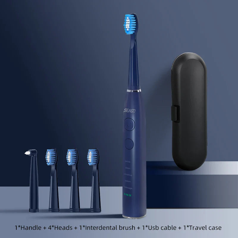 Seago Electric Sonic Toothbrush USB Rechargeable Adult 360 Days Long Battery Life IPX7 4 Replacement Heads Travel Box SG-575
