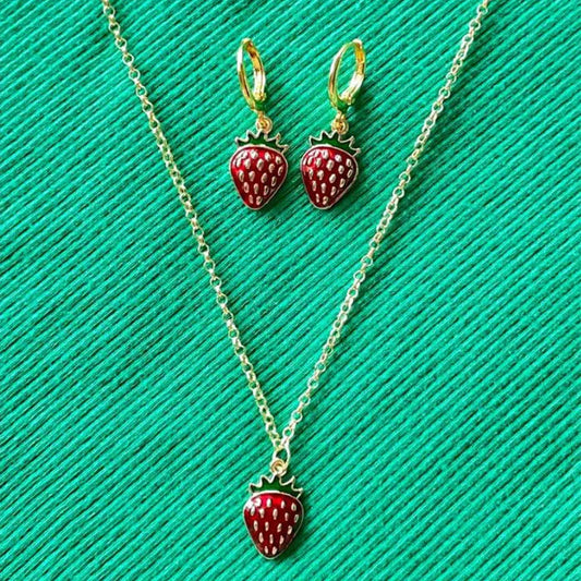 strawberry jewelry necklace earrings set y2k indie jewelry