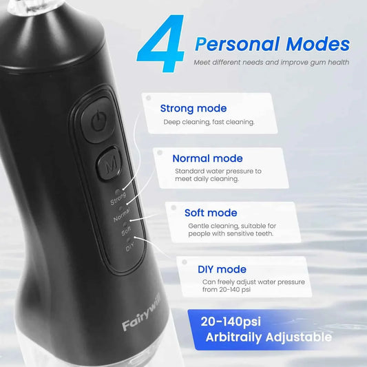 Fairywill Portable Oral Irrigator - 300ML Cordless Water Flosser with 6 Jet Nozzles