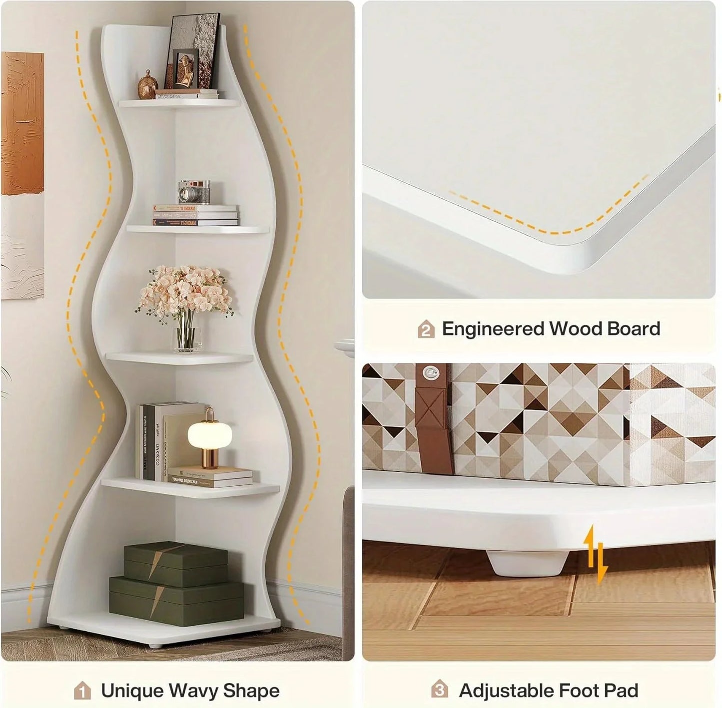 5-Tier Wave Bookshelf Modern curved corner shelf with metal frame and wooden shelves, white finish, sturdy floor design bedroom