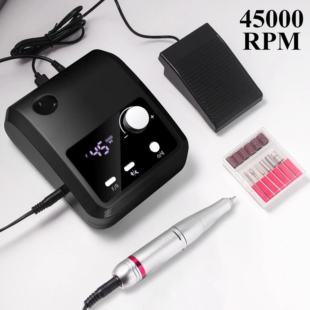 45000RPM Nail Drill Machine Professional Nail Lathe with Large LCD Screen Smart Electric Manicure Polisher Nail Art Tools
